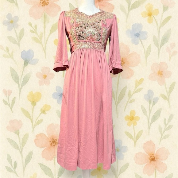 Vintage 70s Young Edwardian Pink Prairie Maxi Dress - Picture 2 of 8